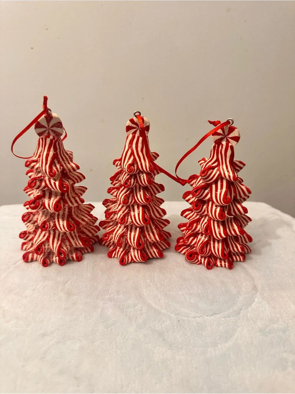 Striped Peppermint Candy Cane Christmas Tree Ornaments Glitter - Set of 3